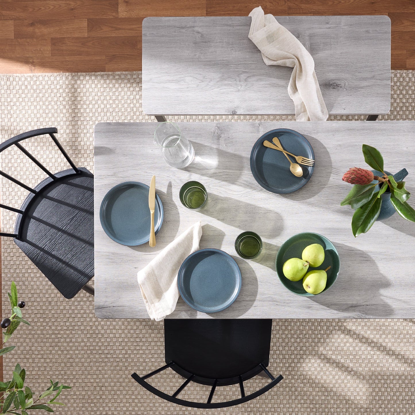 4-Piece Farmhouse Dining Table Set with 2 Black Spindle Chairs Bench Table for comfortable home living