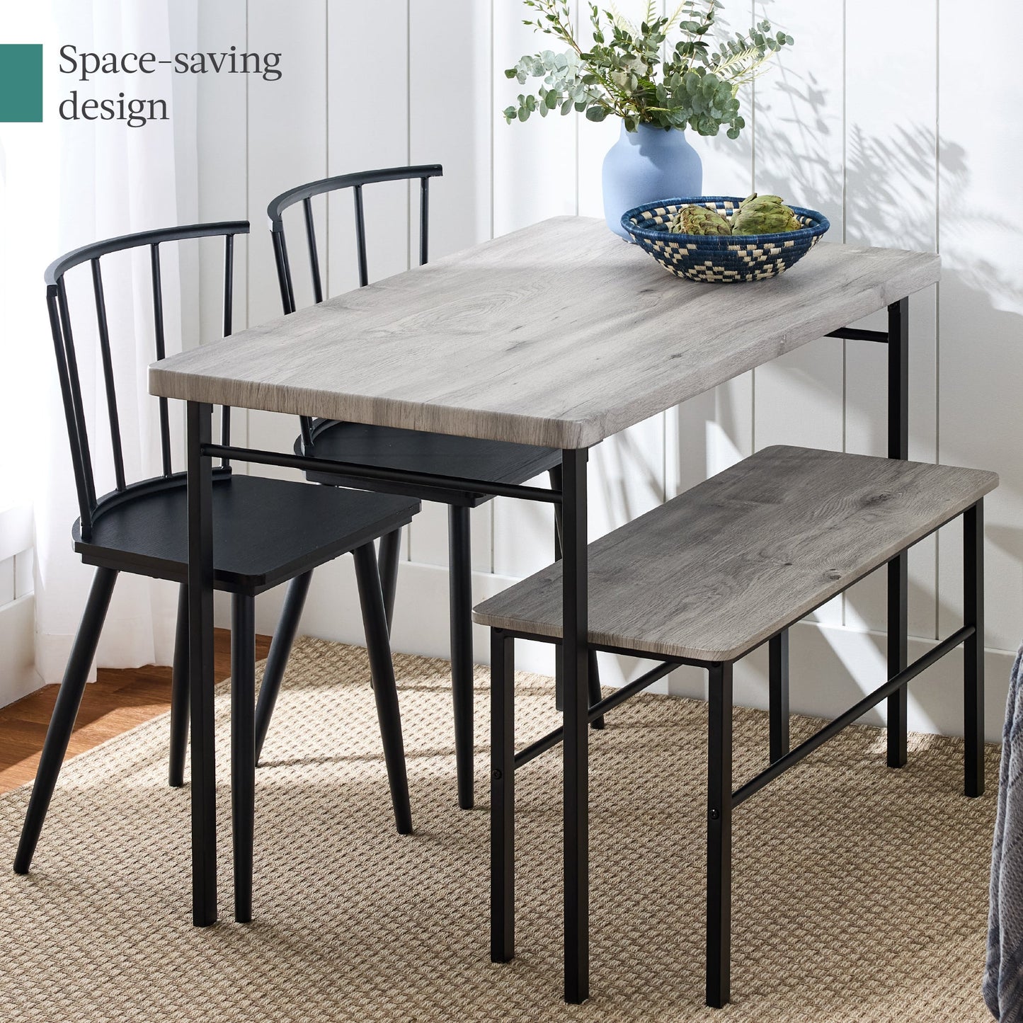 4-Piece Farmhouse Dining Table Set with 2 Black Spindle Chairs Bench Table for comfortable home living