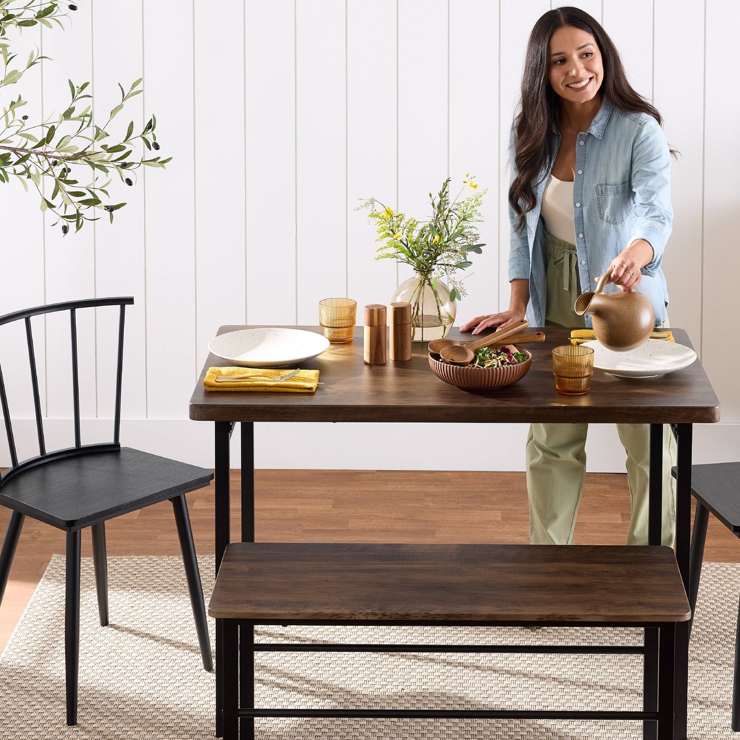 4-Piece Farmhouse Dining Table Set with 2 Black Spindle Chairs Bench Table for comfortable home living