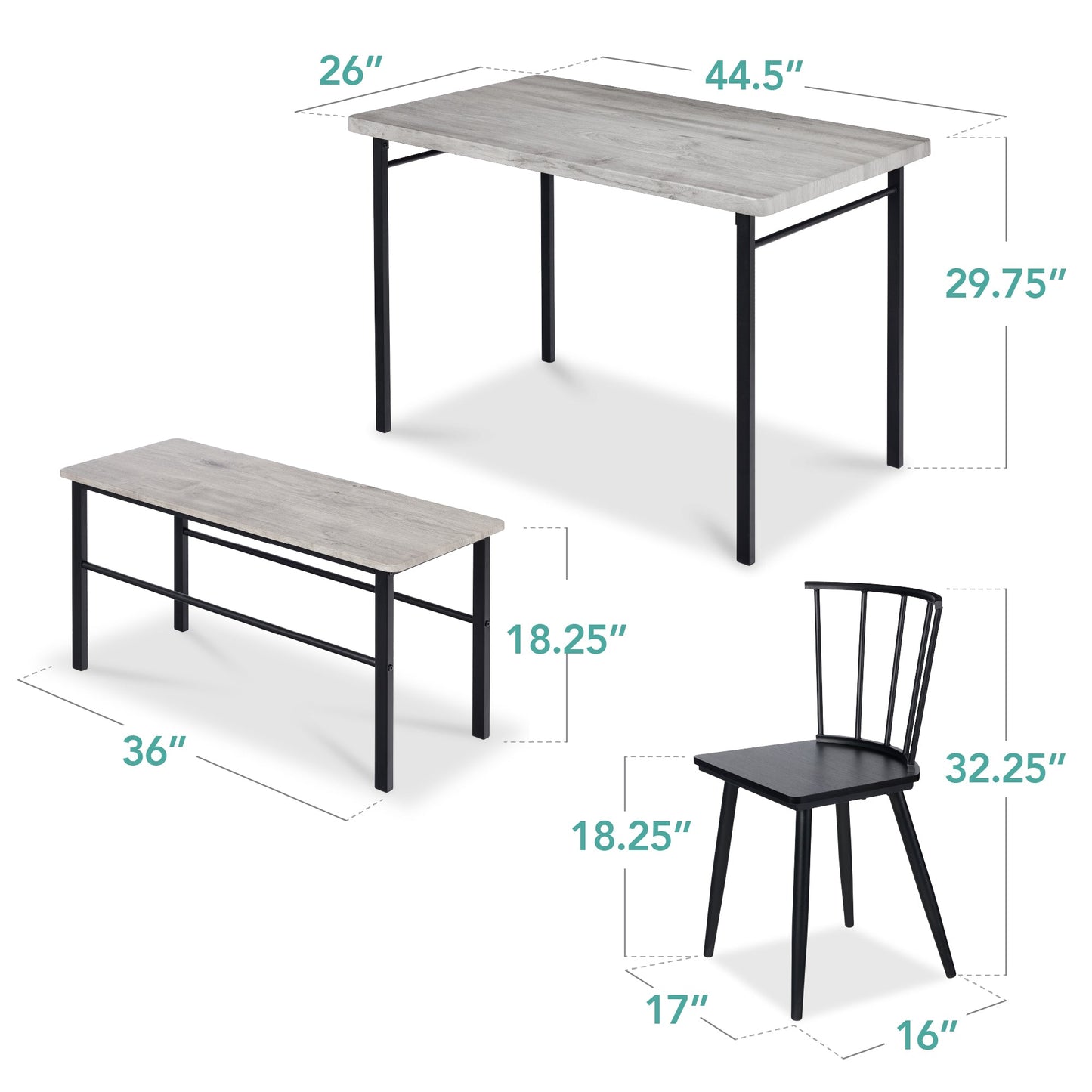 4-Piece Farmhouse Dining Table Set with 2 Black Spindle Chairs Bench Table for comfortable home living