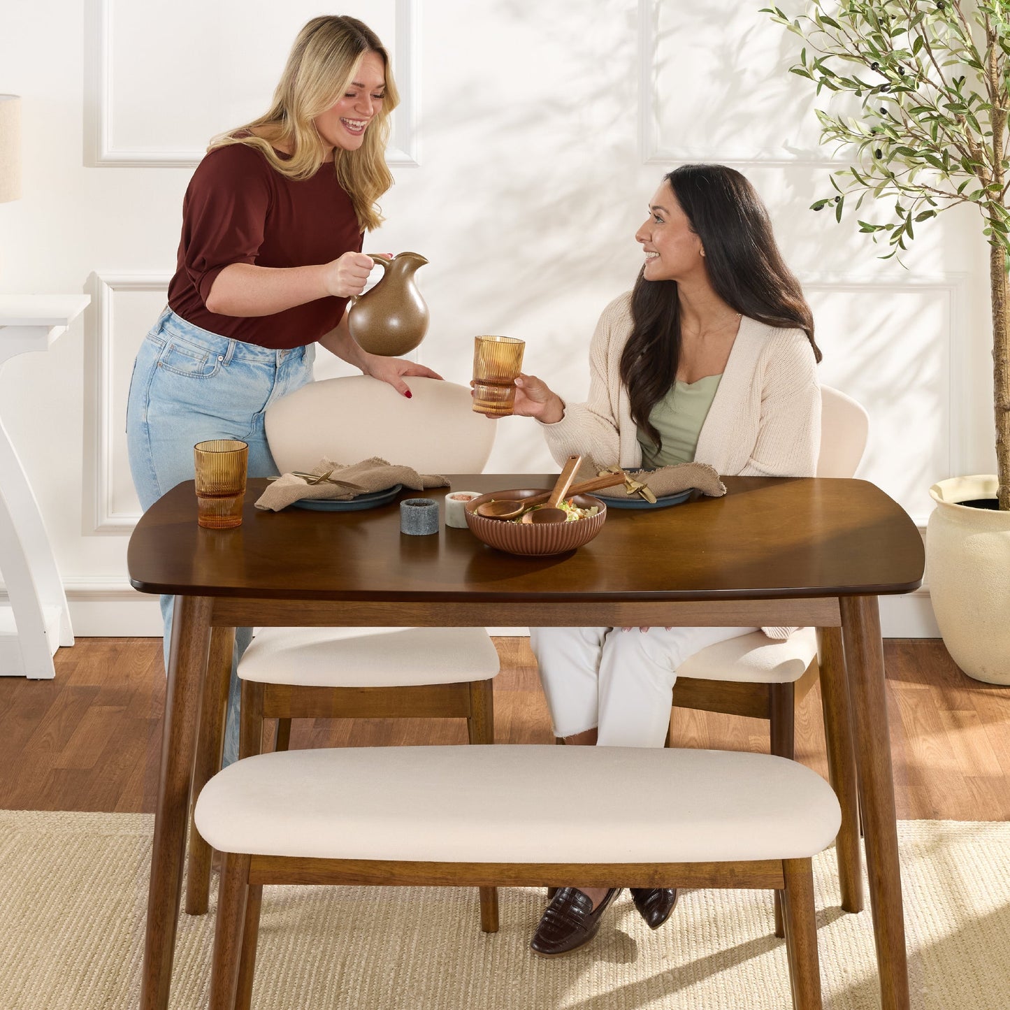 4-Piece Mid-Century Modern Upholstered Wooden Dining Set with 2 Chairs Bench designed for everyday comfort and storage