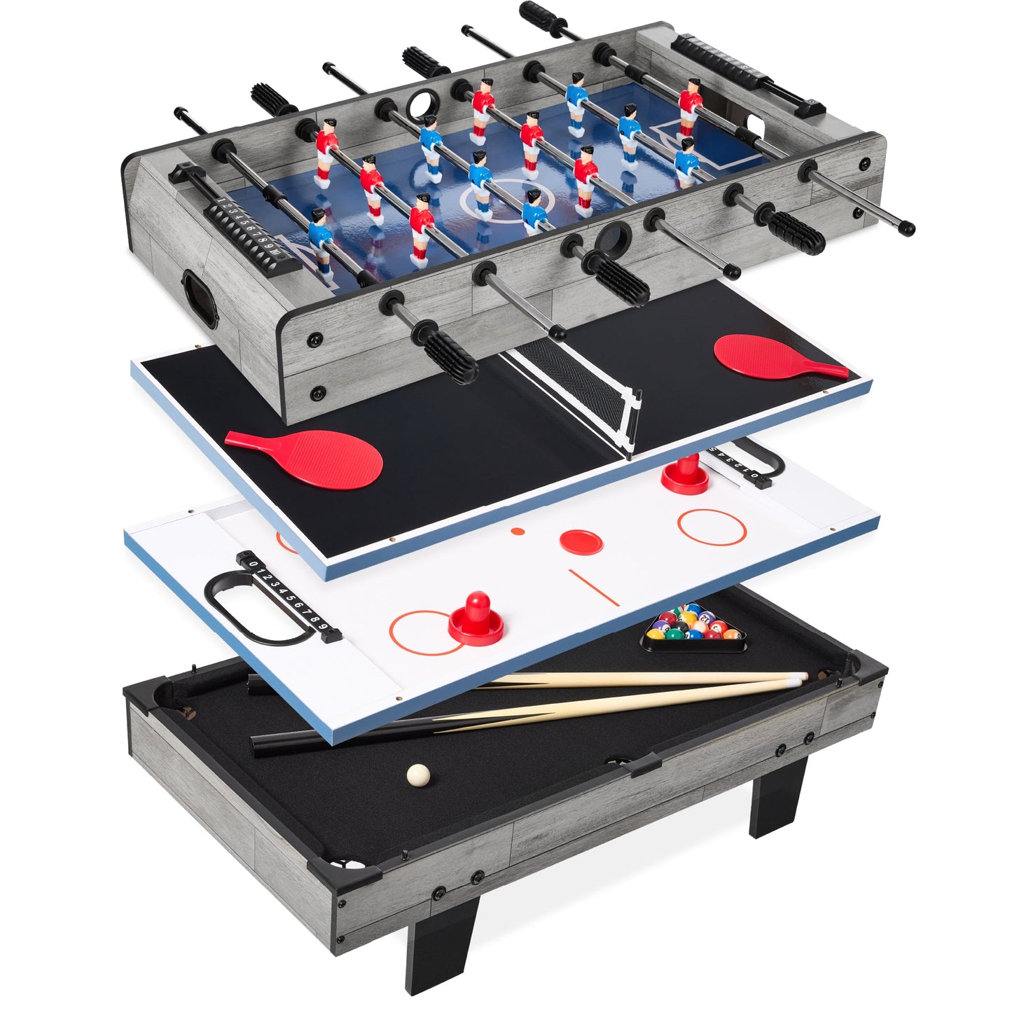4-in-1 Multi Game Table Set with Air Hockey Table Tennis Billiards Foosball designed for kids' playtime and gifts