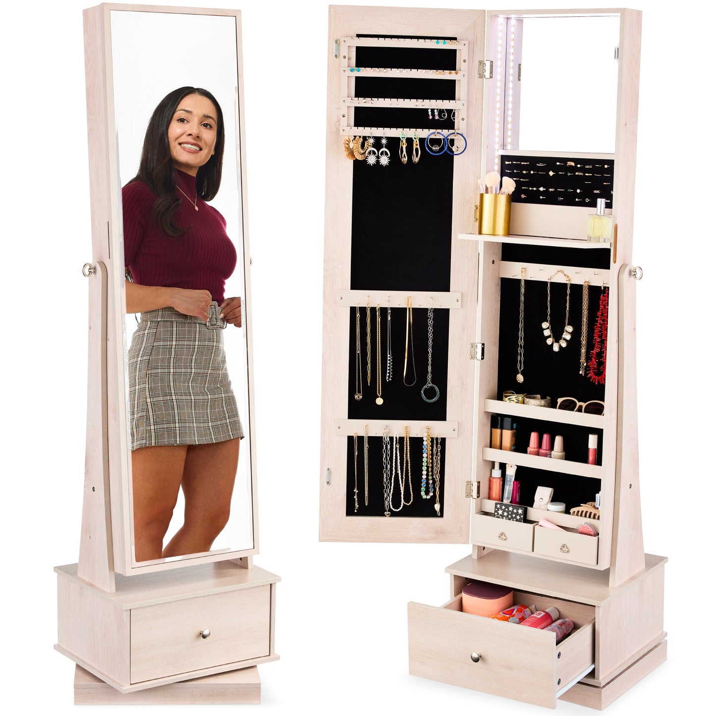 360 Swivel Mirrored Jewelry Cabinet Armoire with LED Lights Mirror designed for everyday comfort and storage