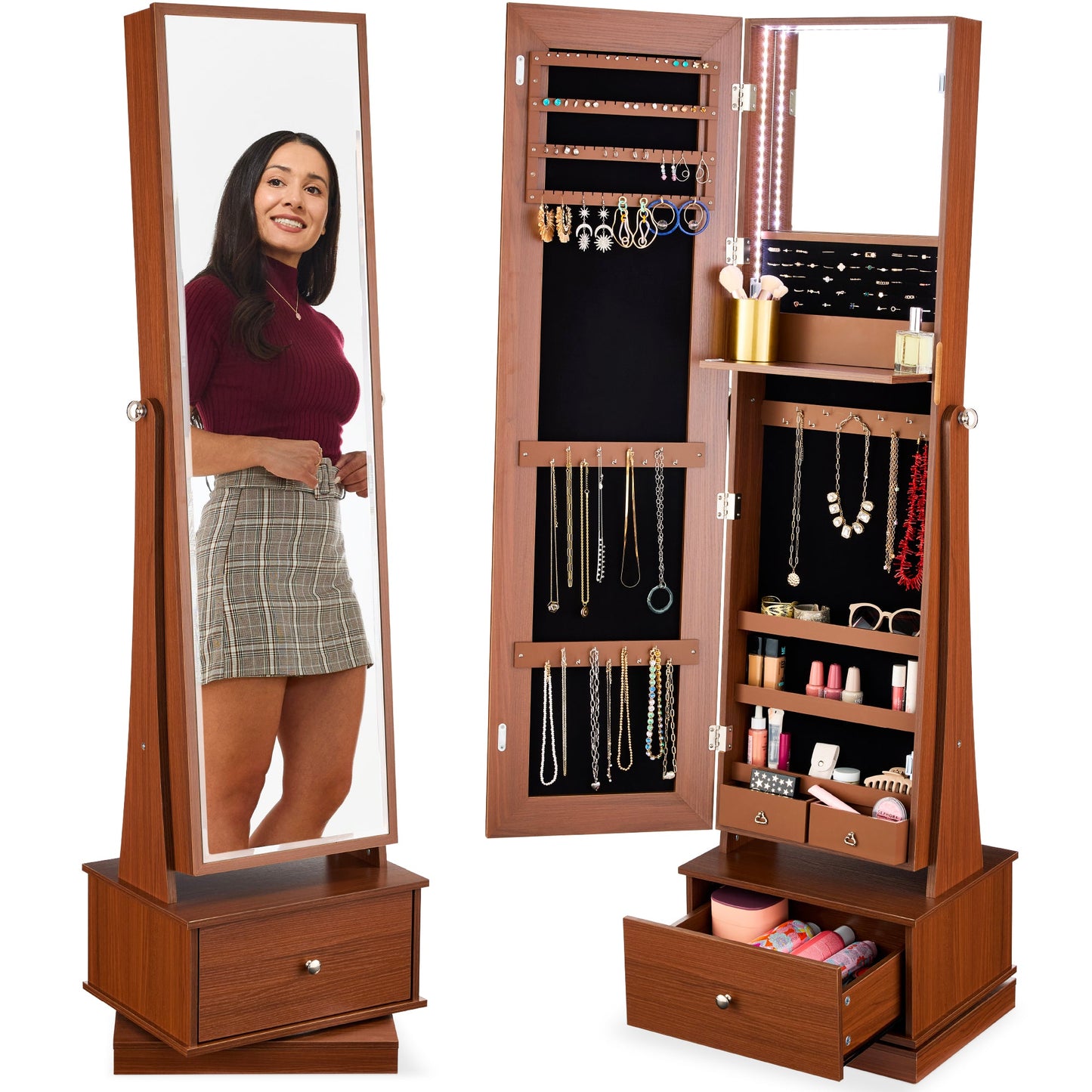 360 Swivel Mirrored Jewelry Cabinet Armoire with LED Lights Mirror designed for everyday comfort and storage