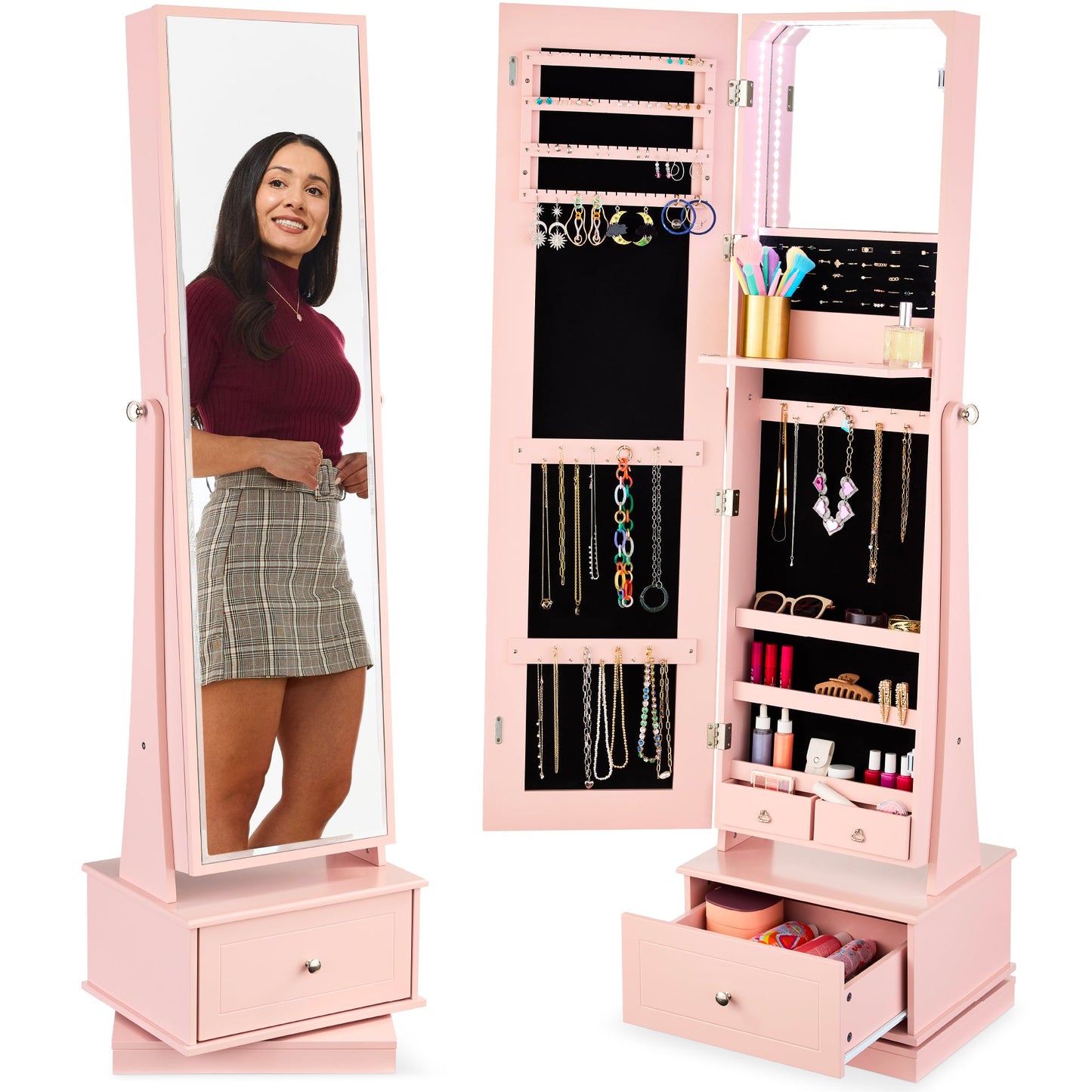 360 Swivel Mirrored Jewelry Cabinet Armoire with LED Lights Mirror designed for everyday comfort and storage
