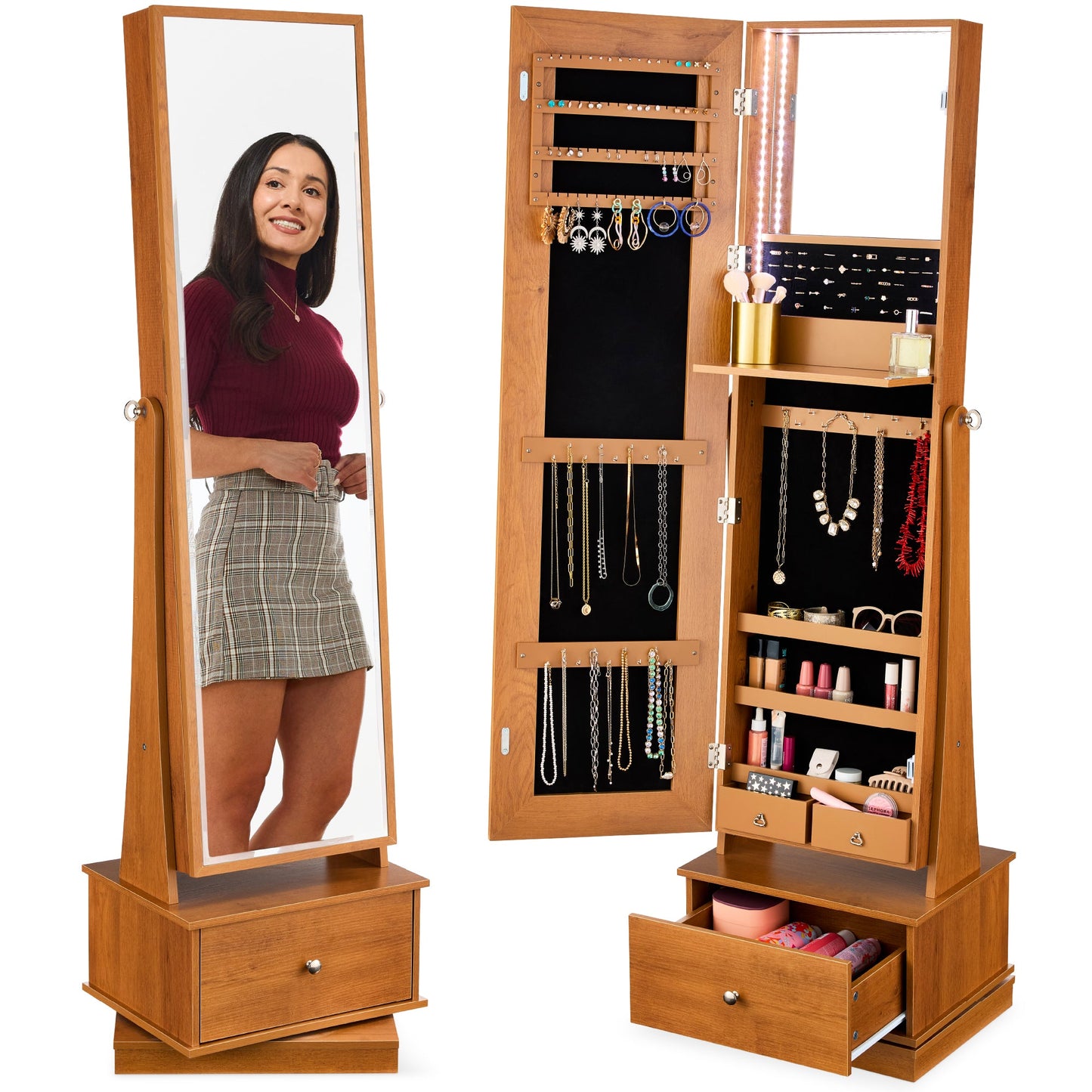 360 Swivel Mirrored Jewelry Cabinet Armoire with LED Lights Mirror designed for everyday comfort and storage