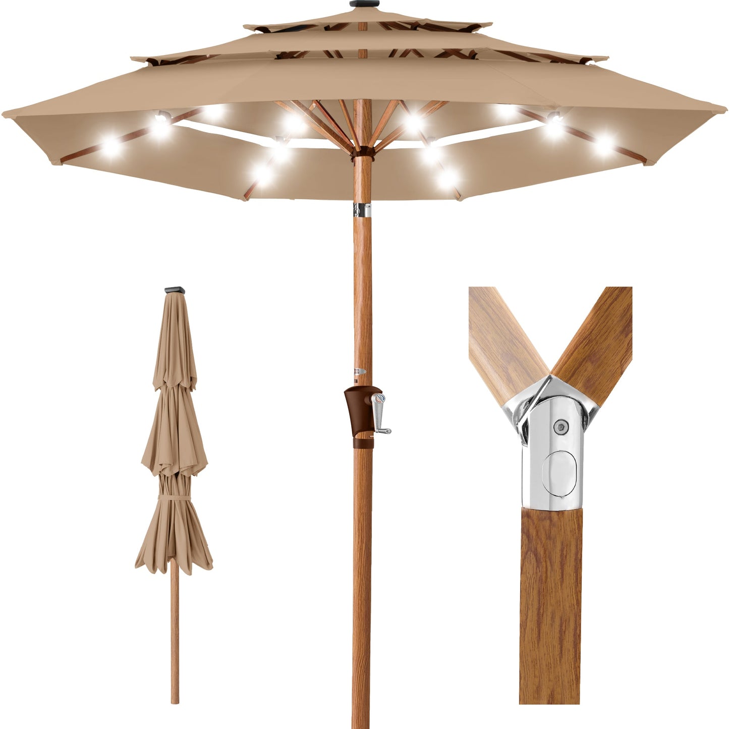 3-Tier Woodgrain Pattern Solar Patio Umbrella Tilt Adjustment - 10ft with practical outdoor-ready details