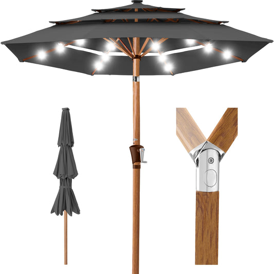 3-Tier Woodgrain Pattern Solar Patio Umbrella Tilt Adjustment - 10ft with practical outdoor-ready details