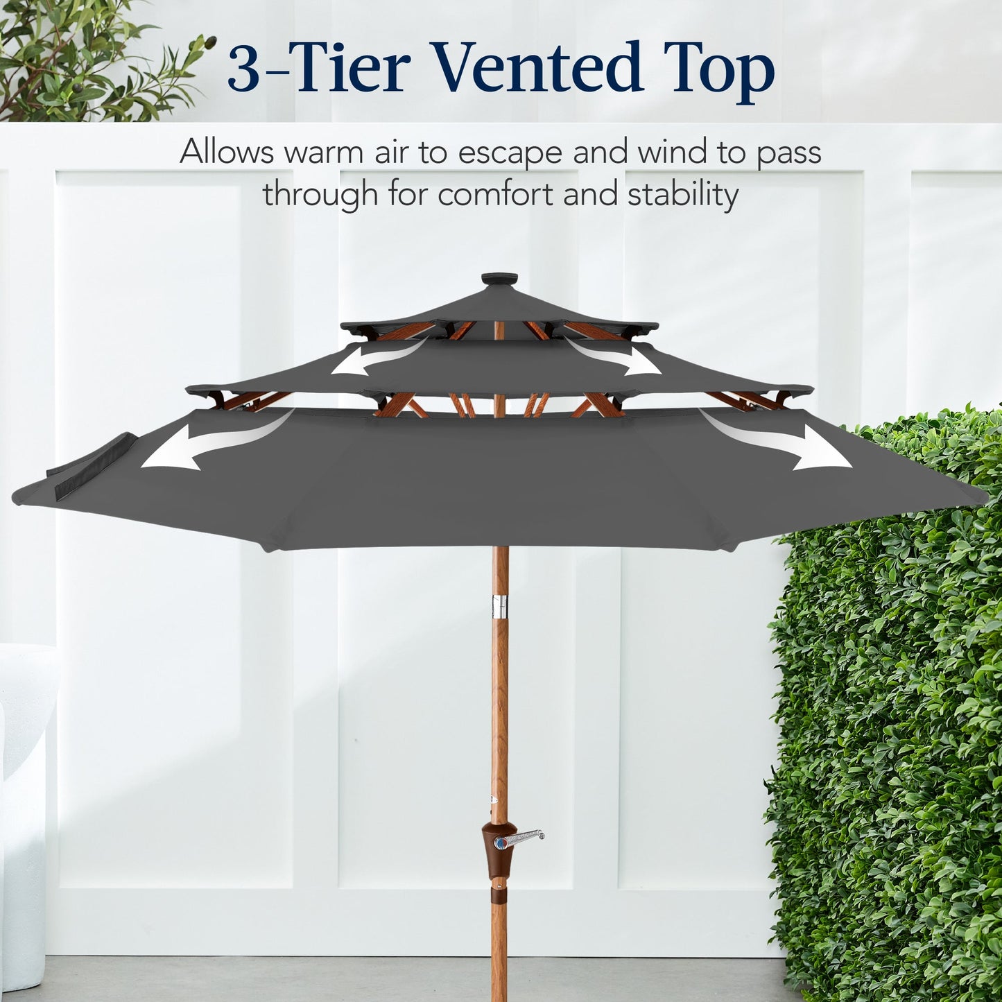 3-Tier Woodgrain Pattern Solar Patio Umbrella Tilt Adjustment - 10ft with practical outdoor-ready details