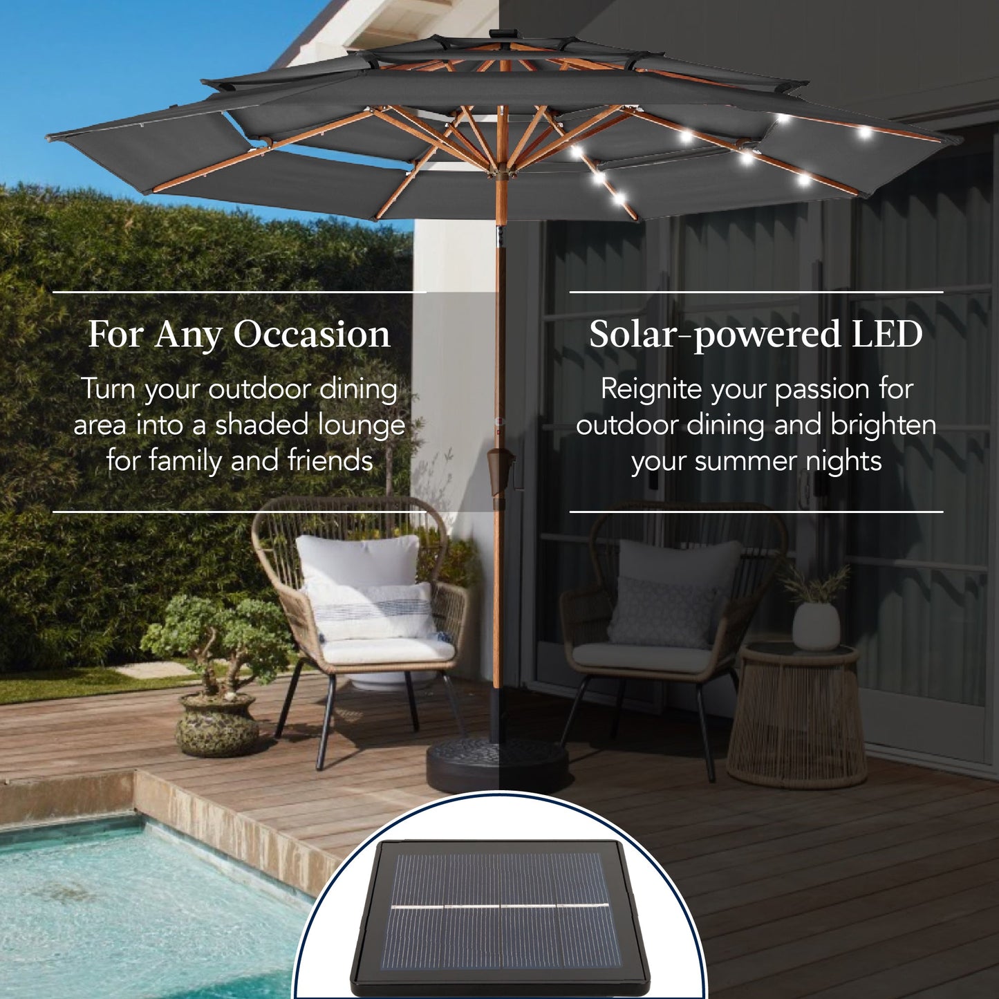 3-Tier Woodgrain Pattern Solar Patio Umbrella Tilt Adjustment - 10ft with practical outdoor-ready details