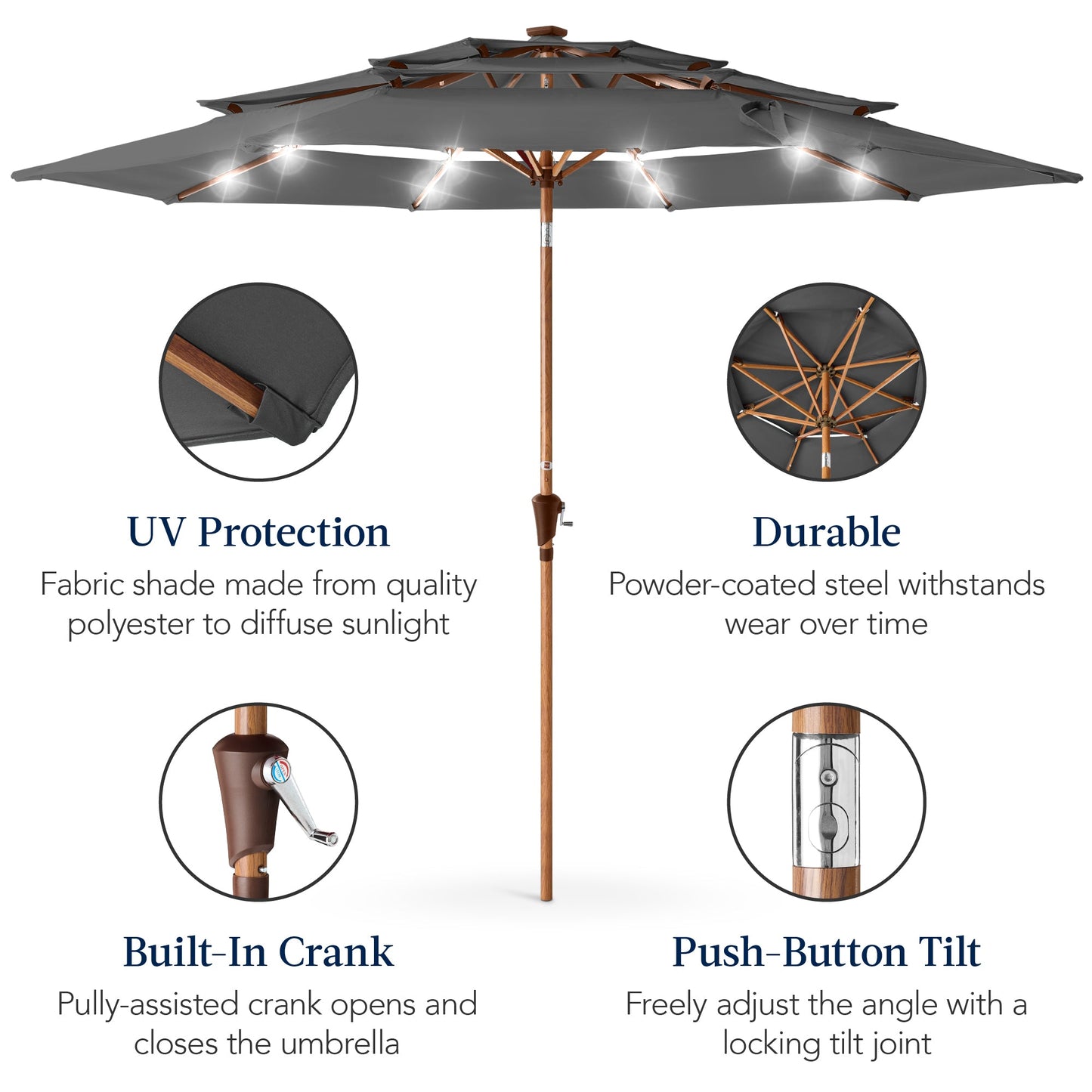 3-Tier Woodgrain Pattern Solar Patio Umbrella Tilt Adjustment - 10ft with practical outdoor-ready details