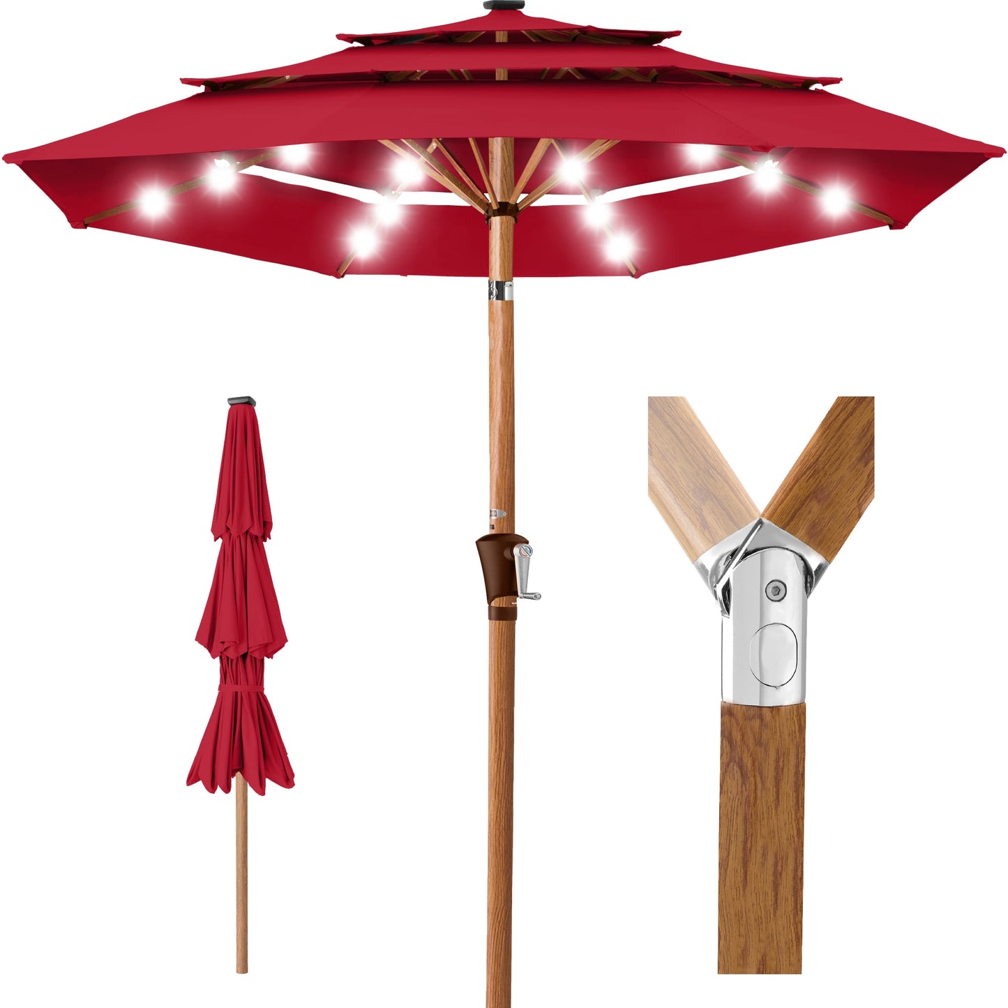 3-Tier Woodgrain Pattern Solar Patio Umbrella Tilt Adjustment - 10ft with practical outdoor-ready details