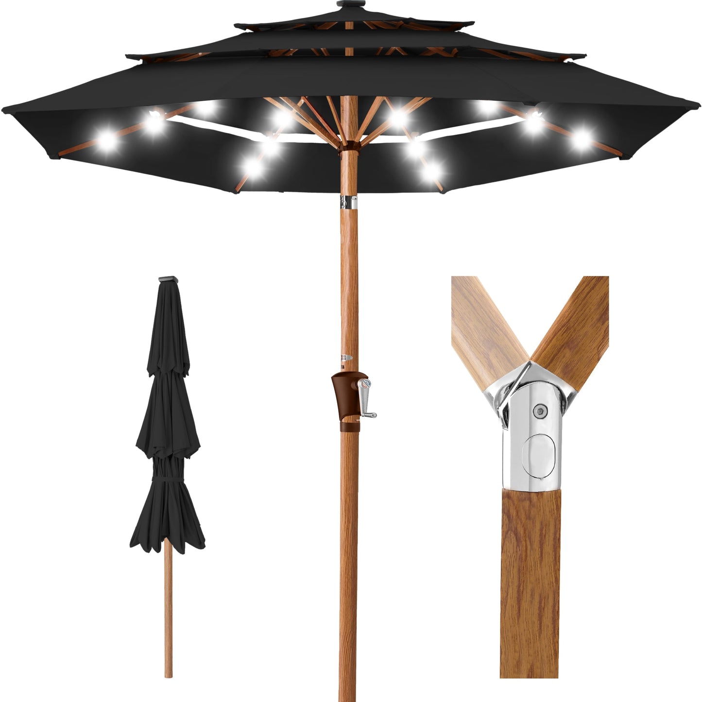 3-Tier Woodgrain Pattern Solar Patio Umbrella Tilt Adjustment - 10ft with practical outdoor-ready details