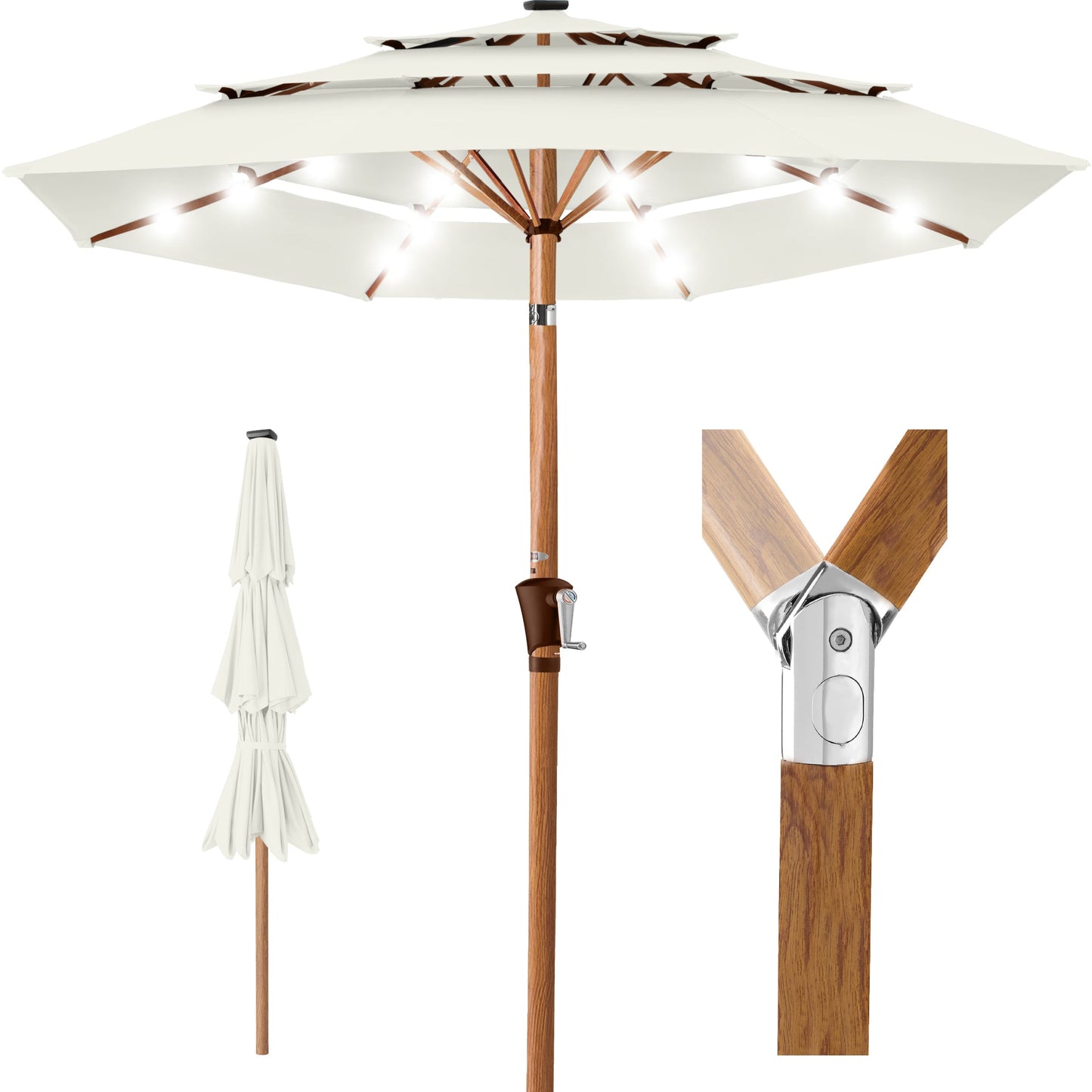 3-Tier Woodgrain Pattern Solar Patio Umbrella Tilt Adjustment - 10ft with practical outdoor-ready details