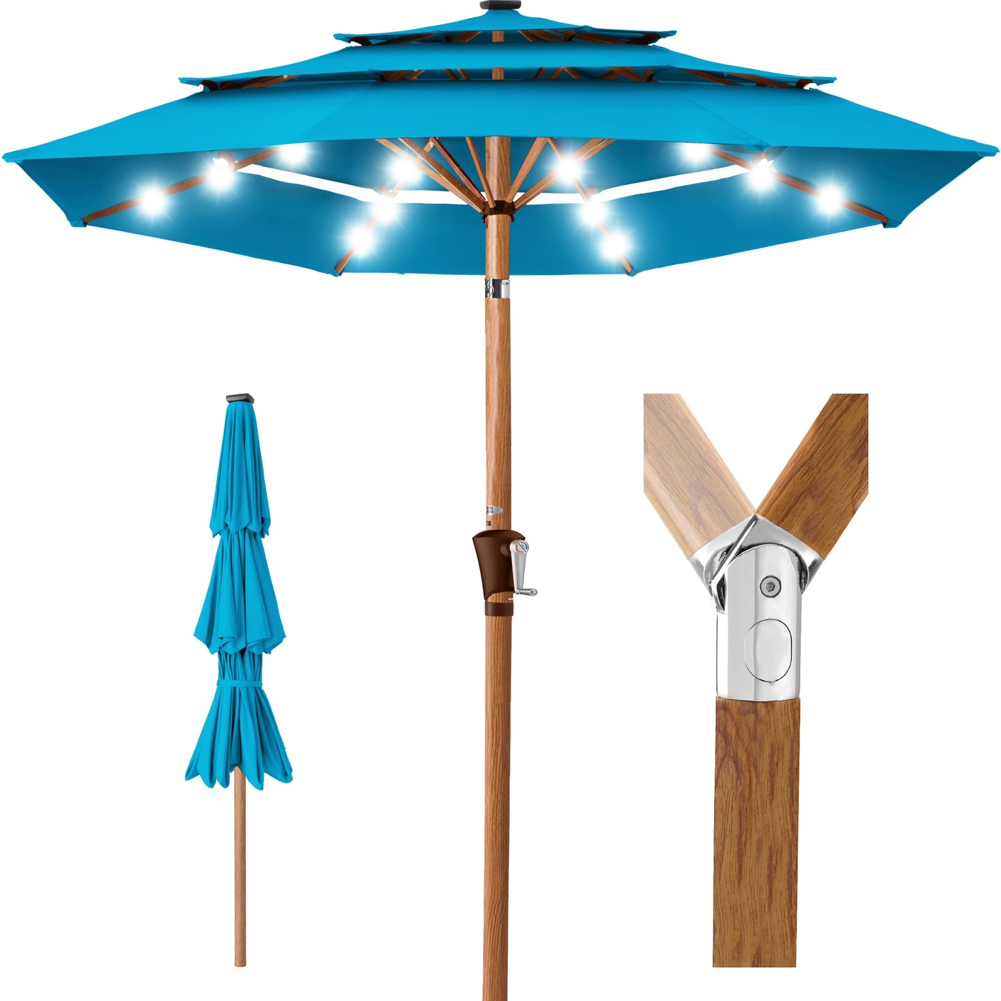 3-Tier Woodgrain Pattern Solar Patio Umbrella Tilt Adjustment - 10ft with practical outdoor-ready details