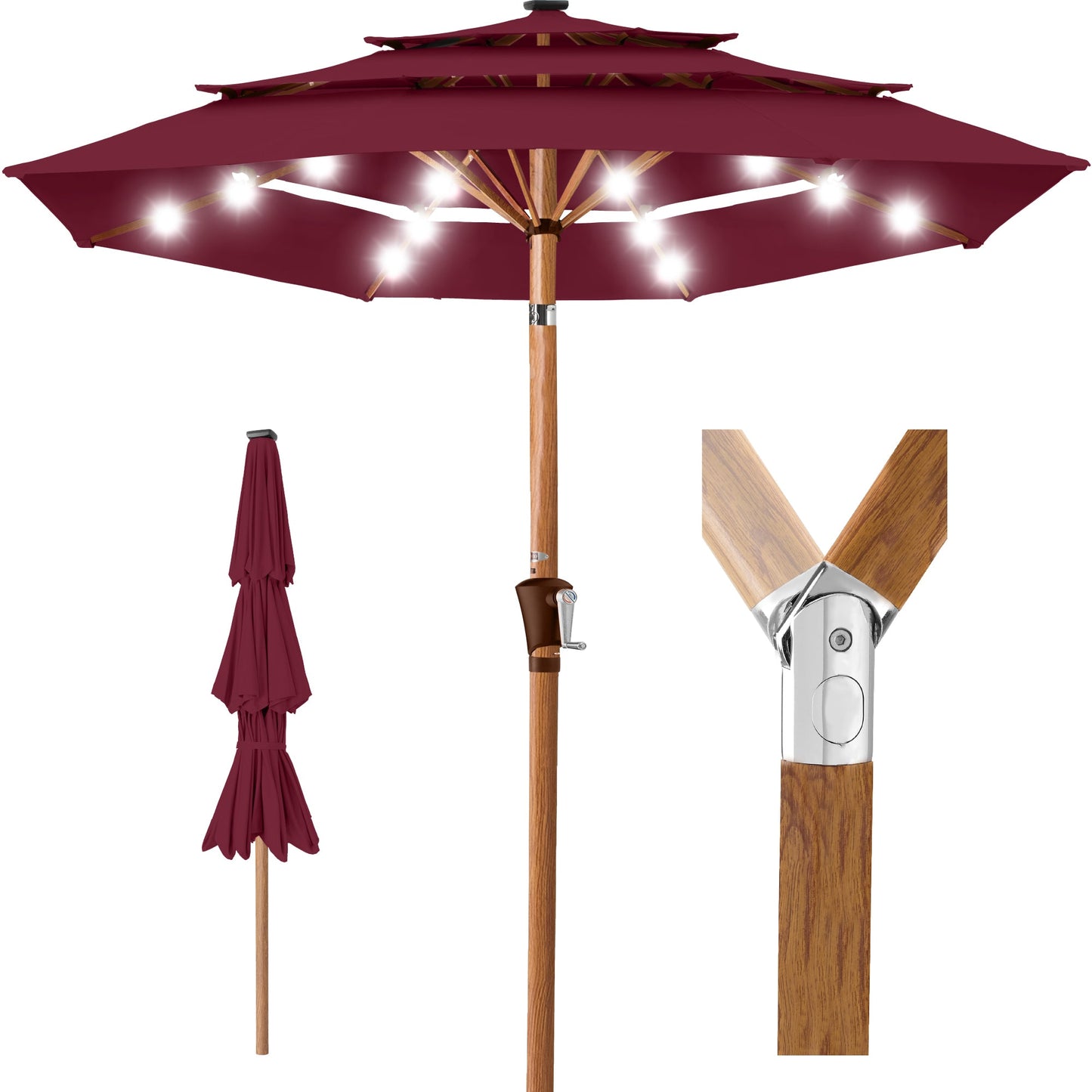 3-Tier Woodgrain Pattern Solar Patio Umbrella Tilt Adjustment - 10ft with practical outdoor-ready details