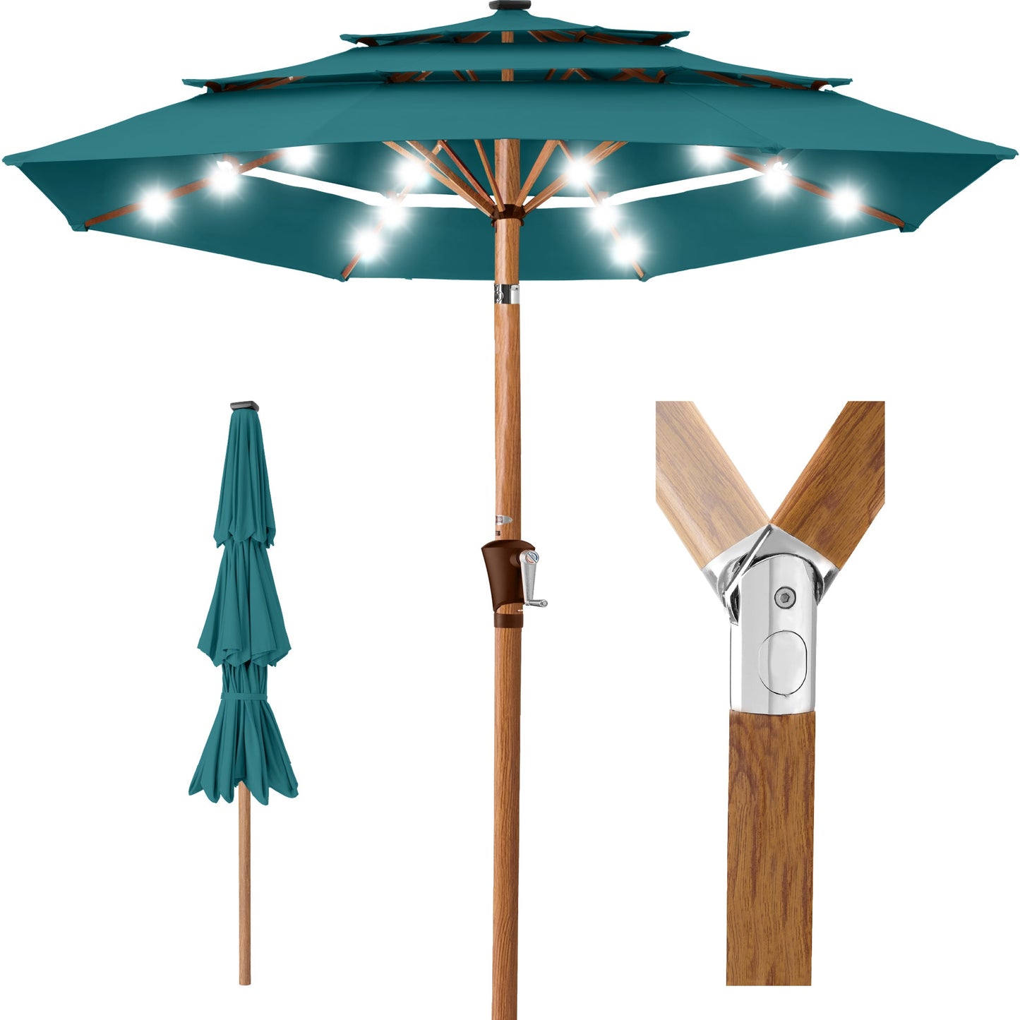 3-Tier Woodgrain Pattern Solar Patio Umbrella Tilt Adjustment - 10ft with practical outdoor-ready details
