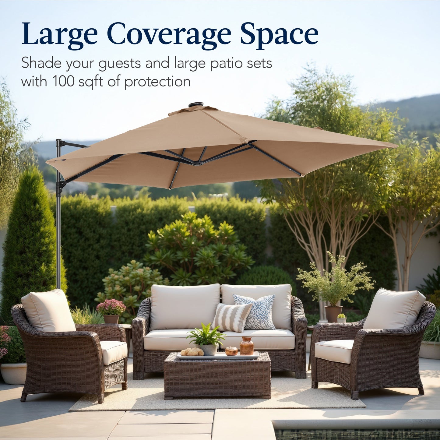 360 LED Rotating Cantilever Offset Patio Umbrella - 10ft for outdoor comfort and convenience