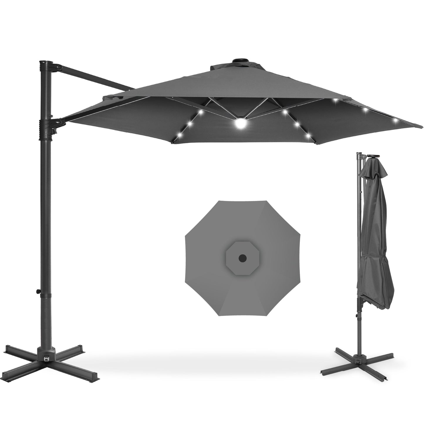 360 LED Rotating Cantilever Offset Patio Umbrella - 10ft for outdoor comfort and convenience
