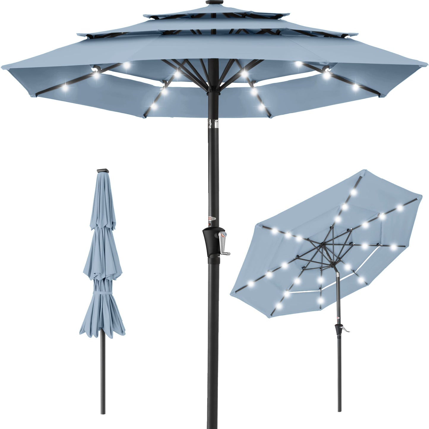 3-Tier Solar Patio Umbrella with LED Lights Tilt Adjustment Crank - 10ft for outdoor comfort and convenience