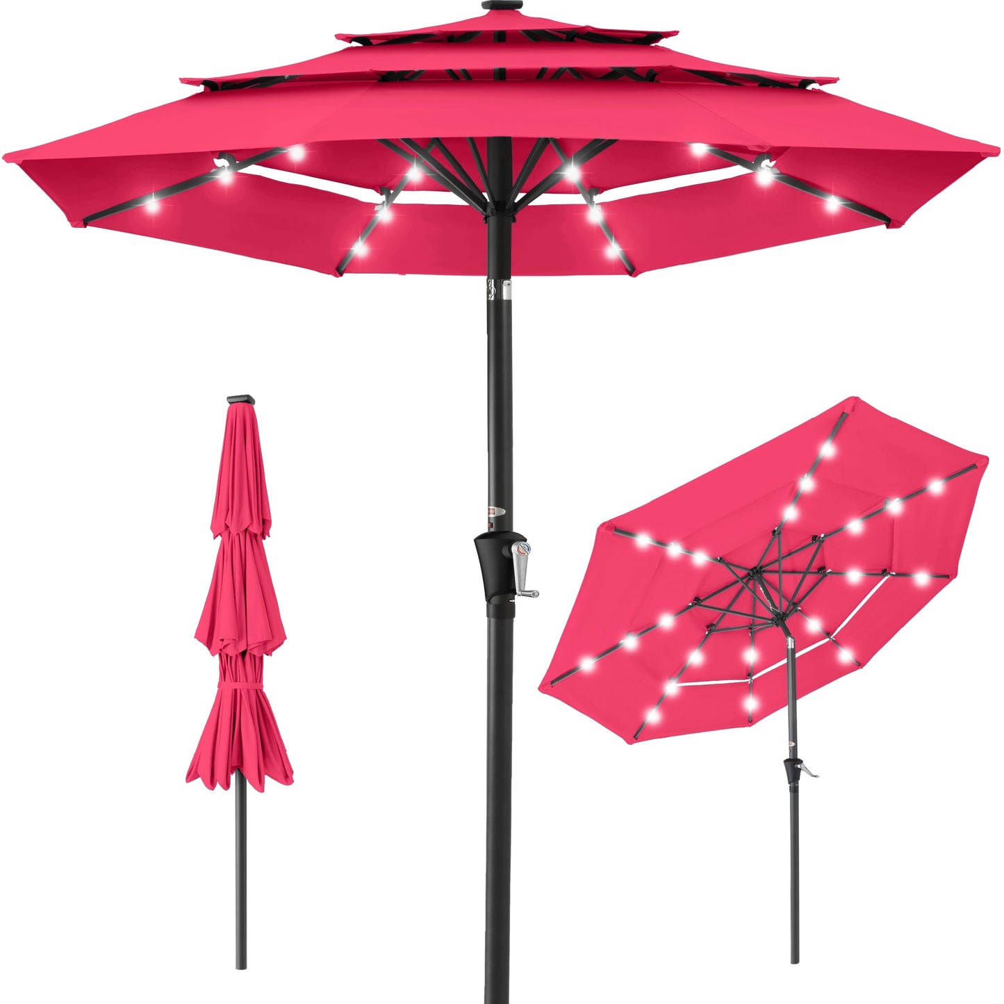 3-Tier Solar Patio Umbrella with LED Lights Tilt Adjustment Crank - 10ft for outdoor comfort and convenience