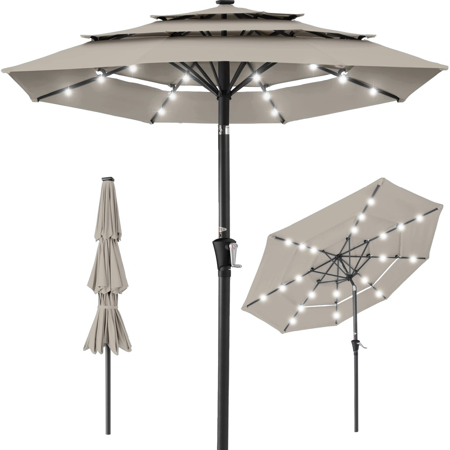 3-Tier Solar Patio Umbrella with LED Lights Tilt Adjustment Crank - 10ft for outdoor comfort and convenience